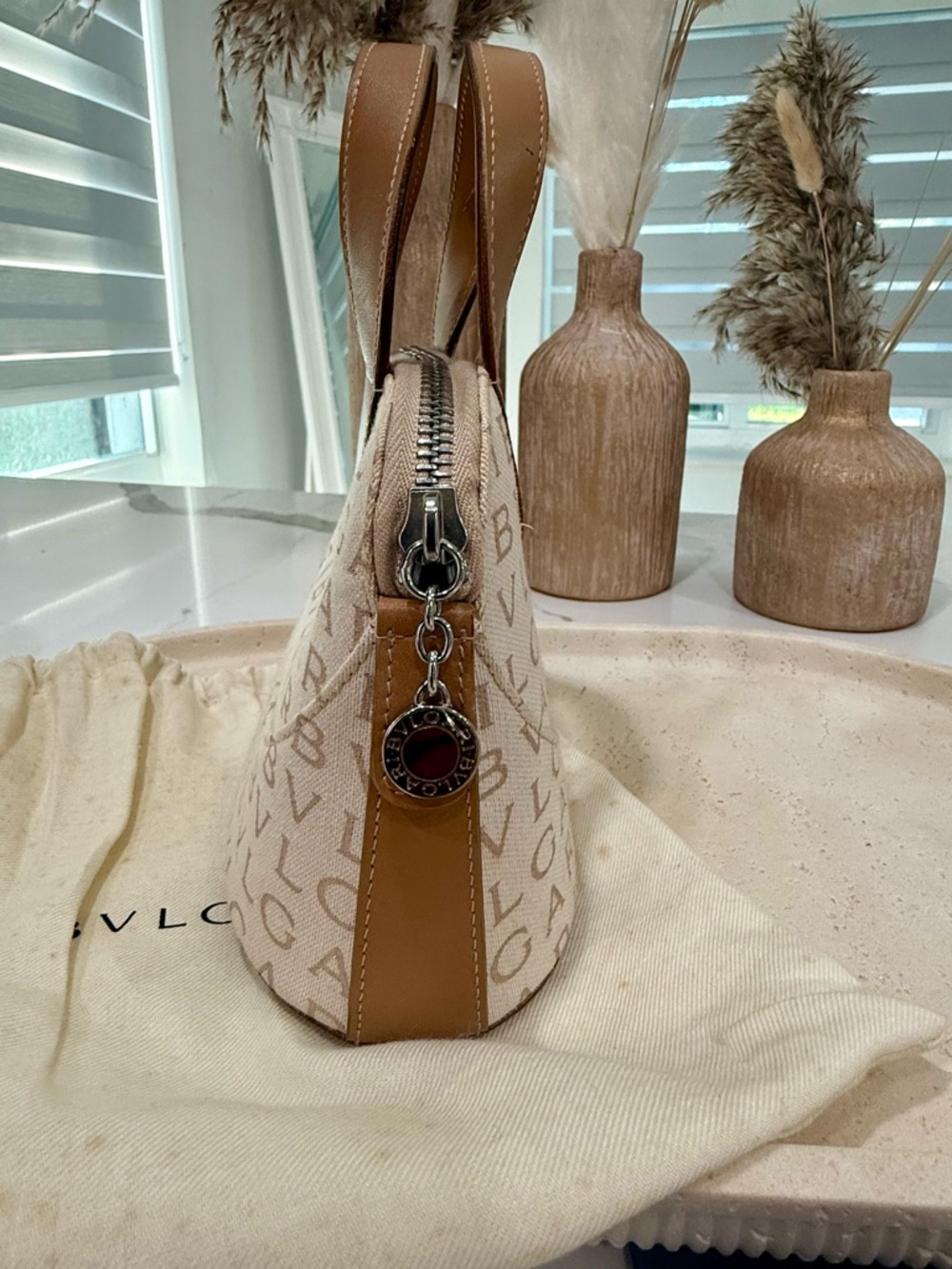 Bvlgari Logomania Mini Tote Bag - Beige Canvas & Tan Leather - Authentic BULGARI - Picture 7 of 11